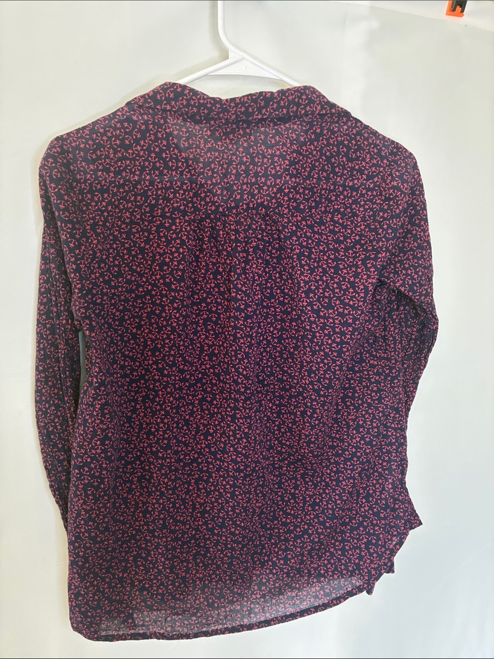 LOFT Navy Button-Up Shirt with Pink Micro Anchor Print - Picture 3 of 3